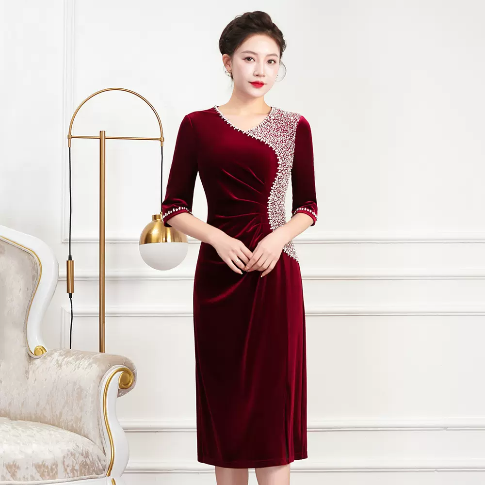 深圳品牌婚宴丝绒旗袍大码礼服秋冬连衣裙6XL中年婆婆妈妈装批发