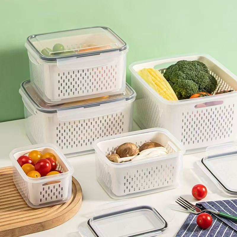 Oficina en el hogar caja de plástico transparente cocina sellada drenaje refrigerador caja de almacenamiento de carne caja de almacenamiento