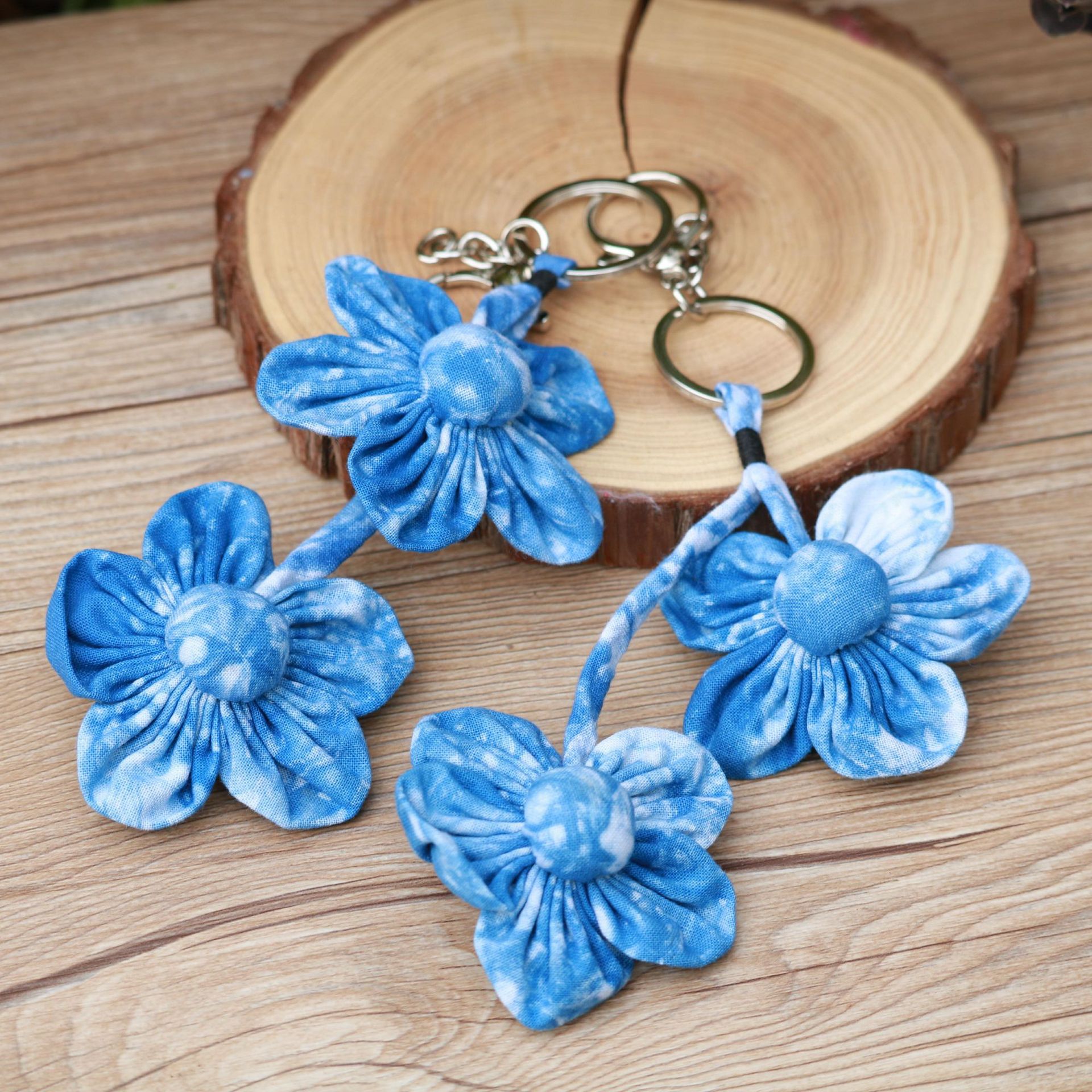 云南民族风耳环大理扎染蓝染手工布艺盘扣批发小花钥匙扣