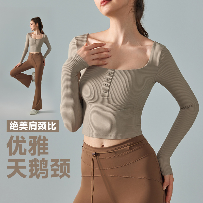 Cross-border generous tie chest pad fitness suit women's Pilates training sports top wear high-end yoga long sleeves