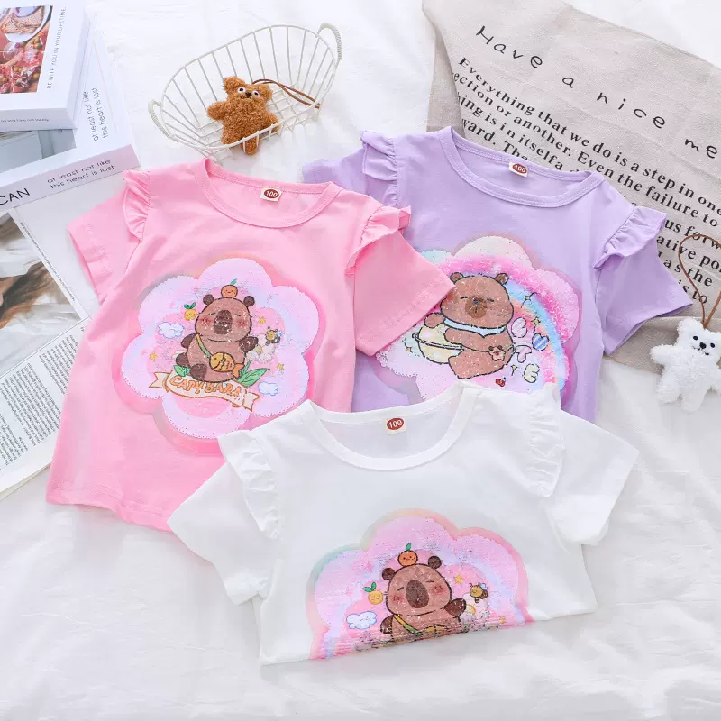 2025女童夏季新款短袖t恤儿童可爱卡皮巴拉变色亮片印花上衣代发