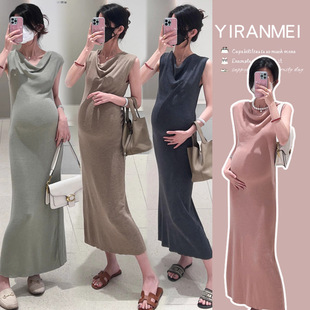 Pregnant Women Petite French High-End Sleeveless Dress Summer New Korean Style Age-Reducing Slim Vest Long Skirt Trendy