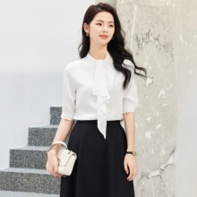 白色通勤风飘带领衬衫女立领五分袖职业装气质上衣前台优雅工作服