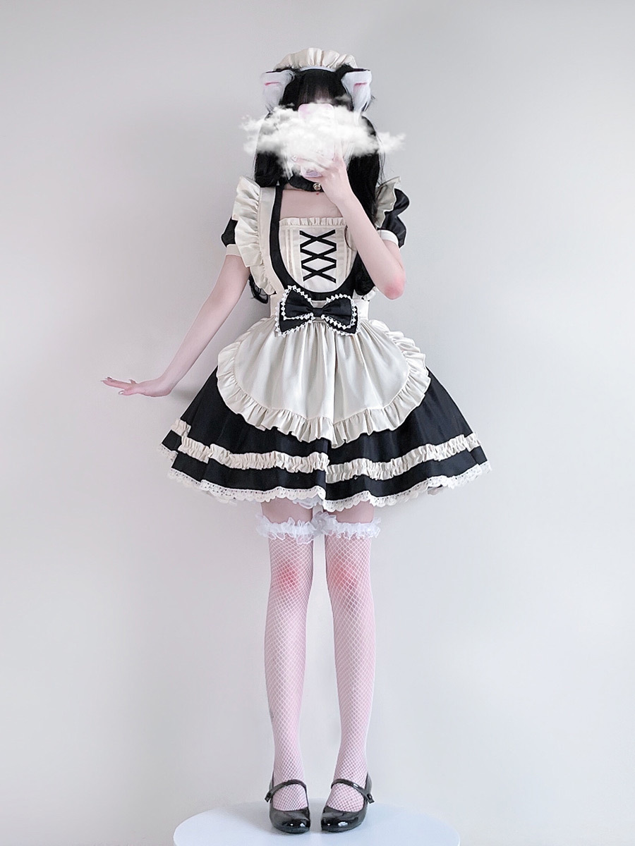Japanese black and white lolita maid costume COS big guy cats big…