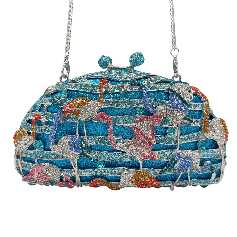 Bolsa de cristal flamenco, bolsa de cena de diamante, bolso de cristal de metal hueco, bolso de mujer
