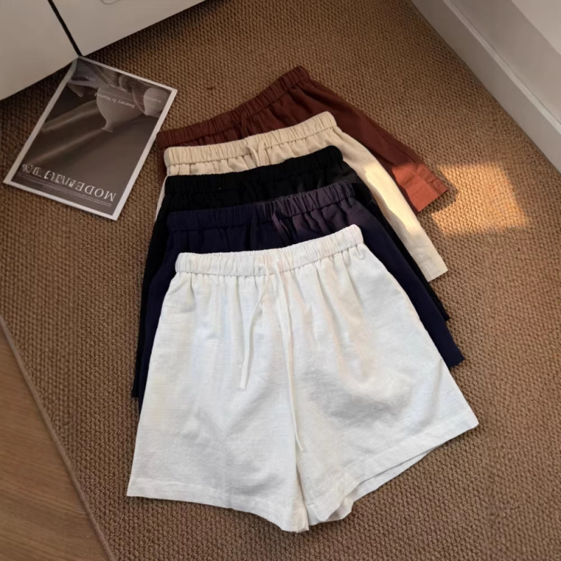 White Linen High-Waisted Wide-Leg Shorts for Women, Summer Thin Cotton-Linen Pants for Petite Figures, Elastic Waist Casual Straight-Leg Pants