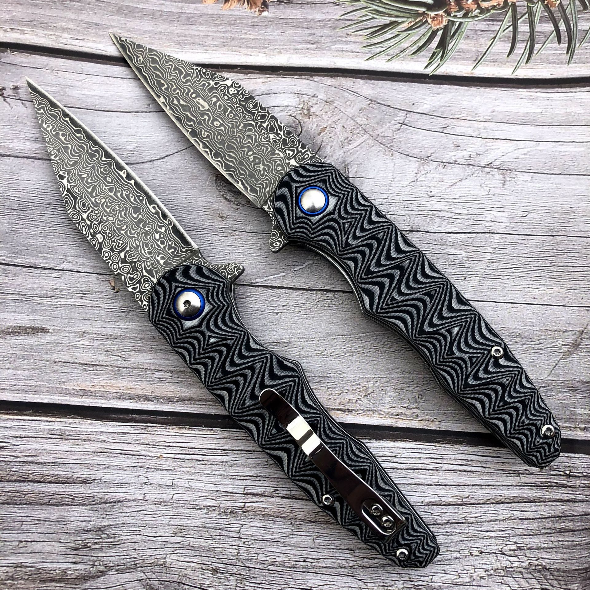 高档大马士钢VG10小刀黑白G10纤维柄折叠刀钢口袋刀户外刀具随身