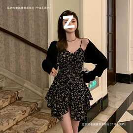2025新款夏季黑色碎花连衣裙女不规则茶歇裙短裙辣妹收腰吊带裙