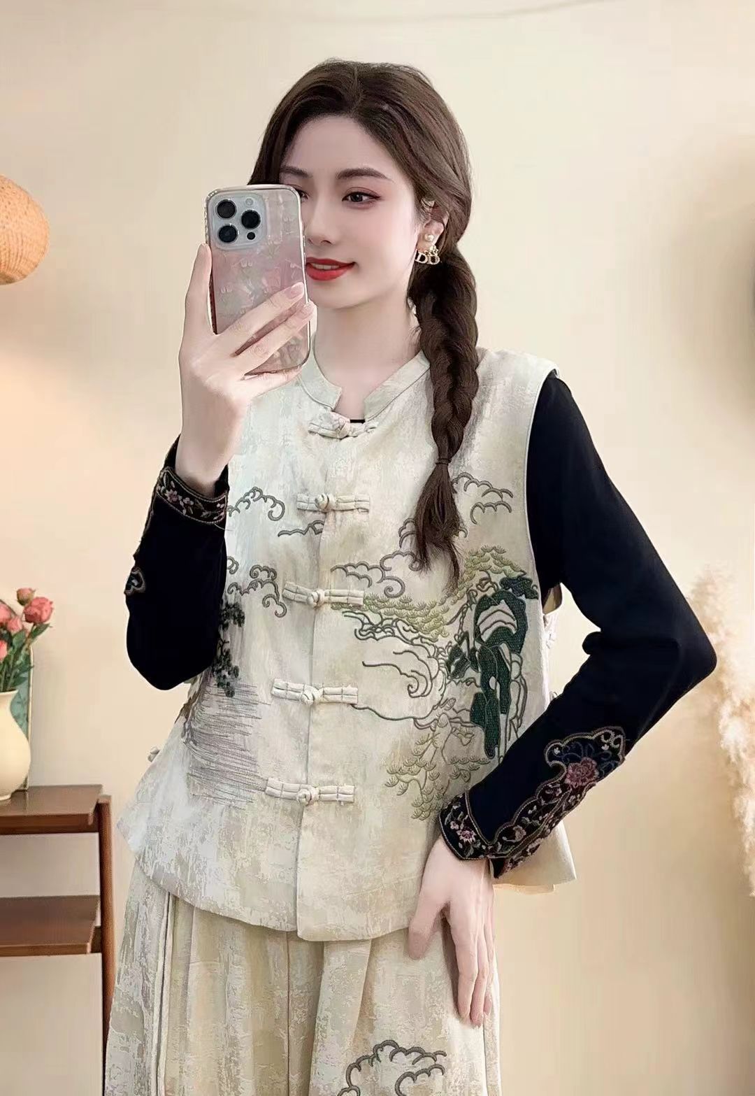 25 otoño nuevo estilo suelto damas cuello casual bordado paisaje estilo nacional cinturón de hombro hebilla chaleco sin mangas