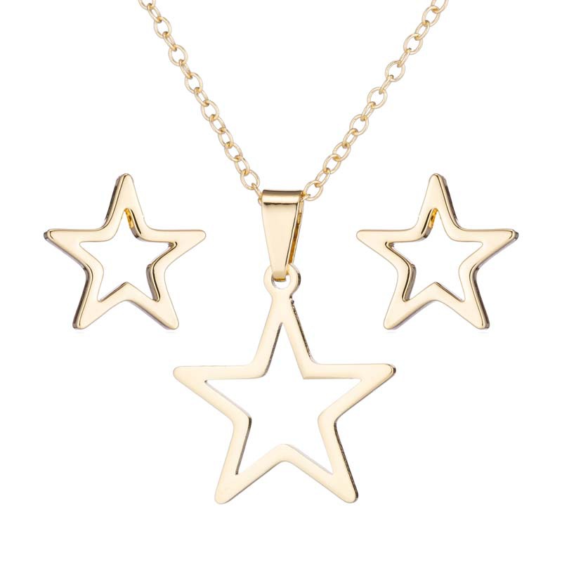 Earrings + Necklace Quantity Daily Occasion PVD Coated 18K Gold Real Gold Plated Pentagram 201 Stainless Steel Fashion Waterproof Non Tarnish Earrings Necklace