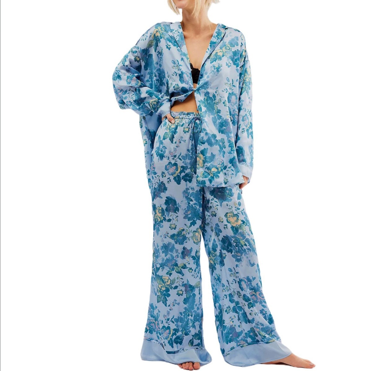 亚马逊欧美跨境2025真丝缎面印花长袖舒适家居服套装