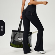 欧美工装纽扣口袋高弹瑜伽裤高腰提臀健身速干微喇叭裤收腹紧身