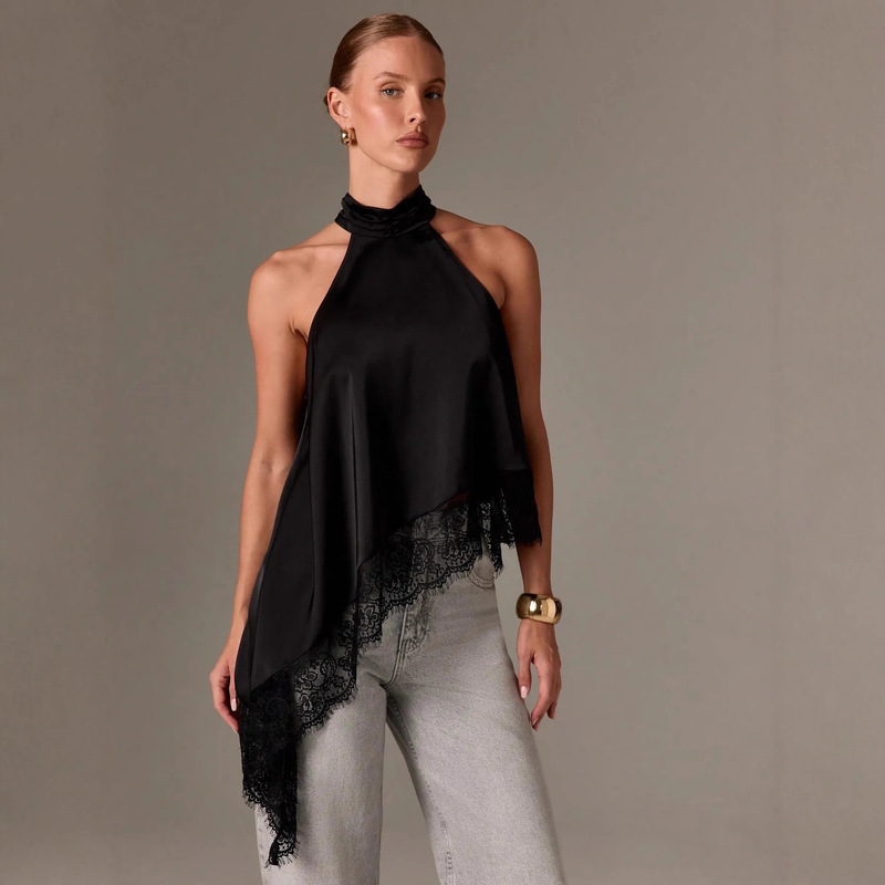 Amazon 2025 New Cross-Border Model 9-Color Women's Sleeveless Lace-Trimmed Asymmetrical Halter Satin Tank Top