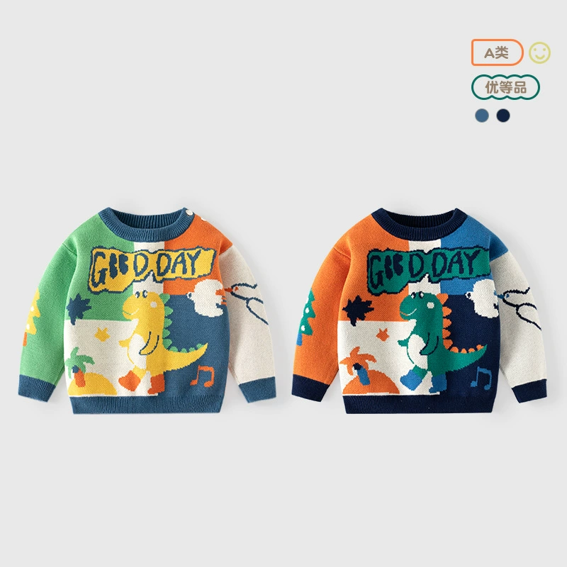 Cartoon sesame oil, dinosaur, children's demi-season sweater, cotton knitted thermal underwear for boys, Korean style