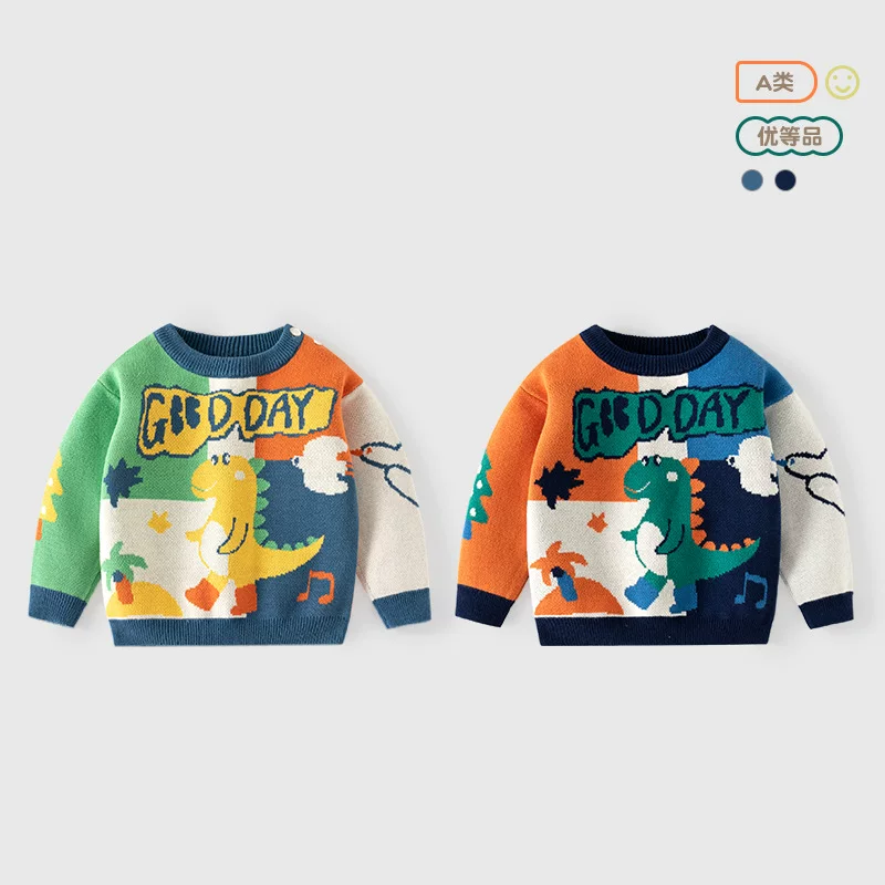 Cartoon sesame oil, dinosaur, children's demi-season sweater, cotton knitted thermal underwear for boys, Korean style