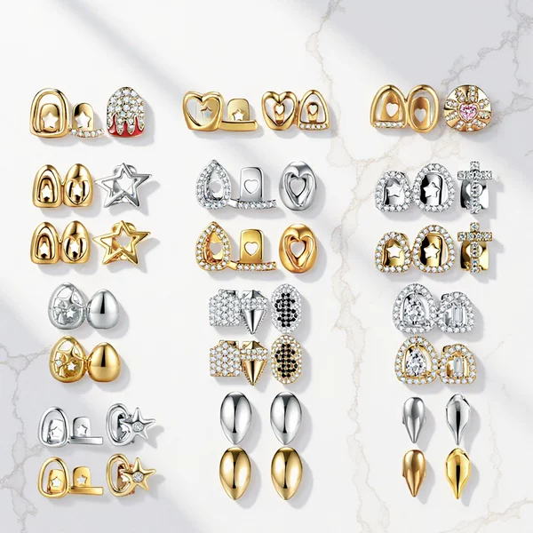 Cross-Border Hot-Selling Double Single Zircon Hollow Double Braces Combination Set for Daily Outings, Cool Diamond-Encrusted Gold Tooth Ornaments