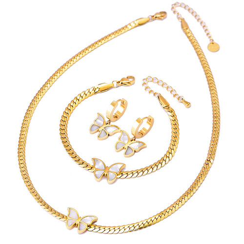 Korean style blade chain shell butterfly clavicle chain waterproof and sweat-proof girls' bracelet short earrings gold set necklace