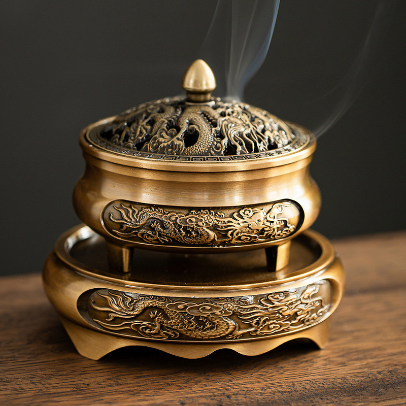 三足龙凤盘香炉创意复古铜合金香炉檀香盘香炉家用香薰炉香道摆件