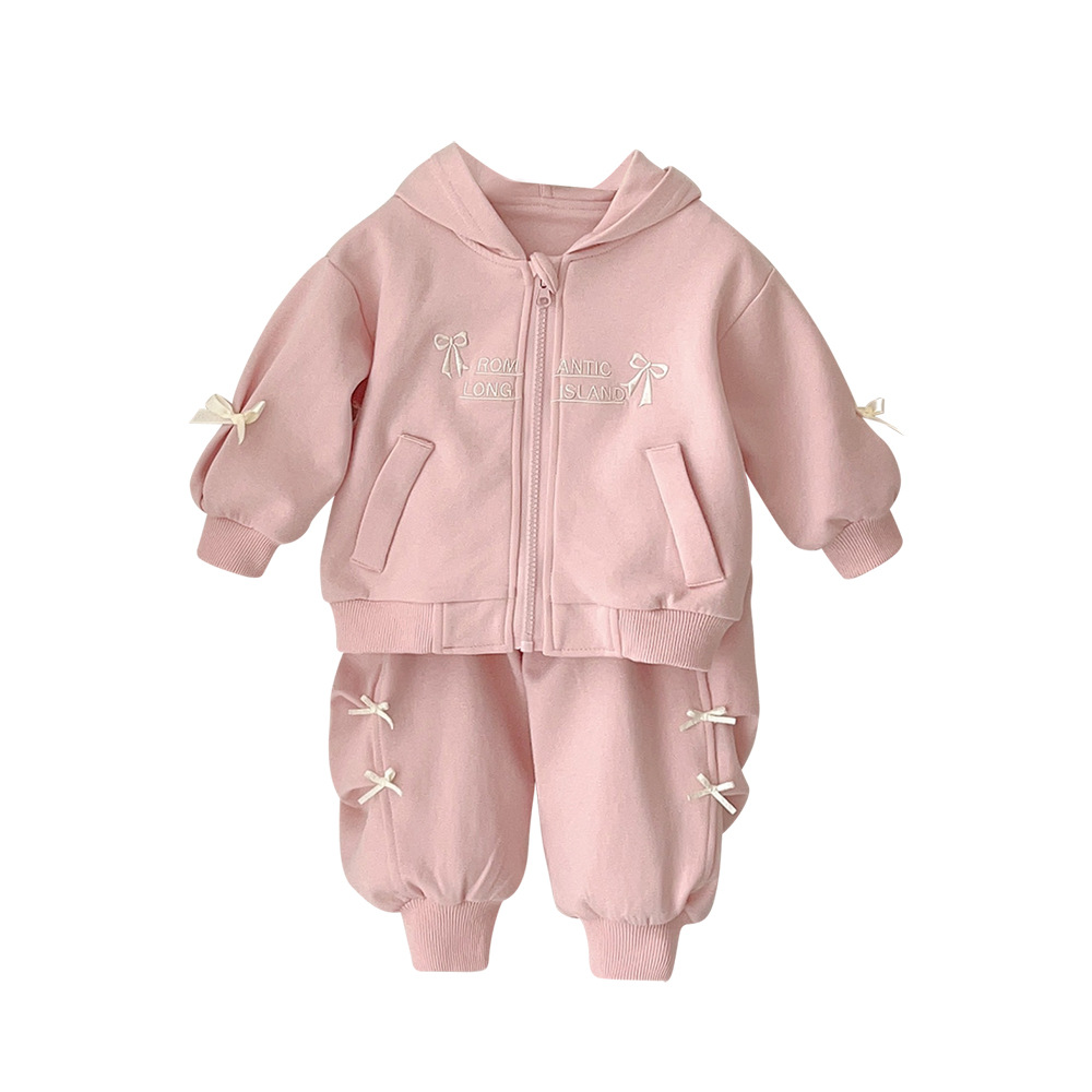 Ropa de bebé ropa de otoño bebé de dos piezas con lazo decoración cremallera chaqueta con capucha traje de pantalón traje de niña