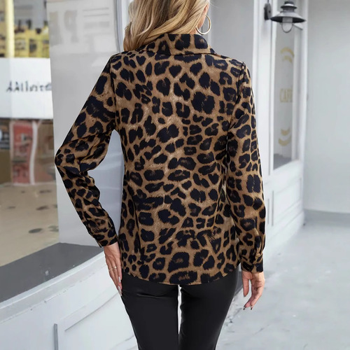 2025 Independent Station Amazon European and American Cross-border Women's Casual Long-sleeved Shirt Leopard Collar Button Shirt