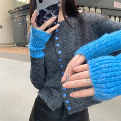 韩系时尚撞色圆领长袖针织开衫女2025秋冬新款修身显瘦毛衣女外套