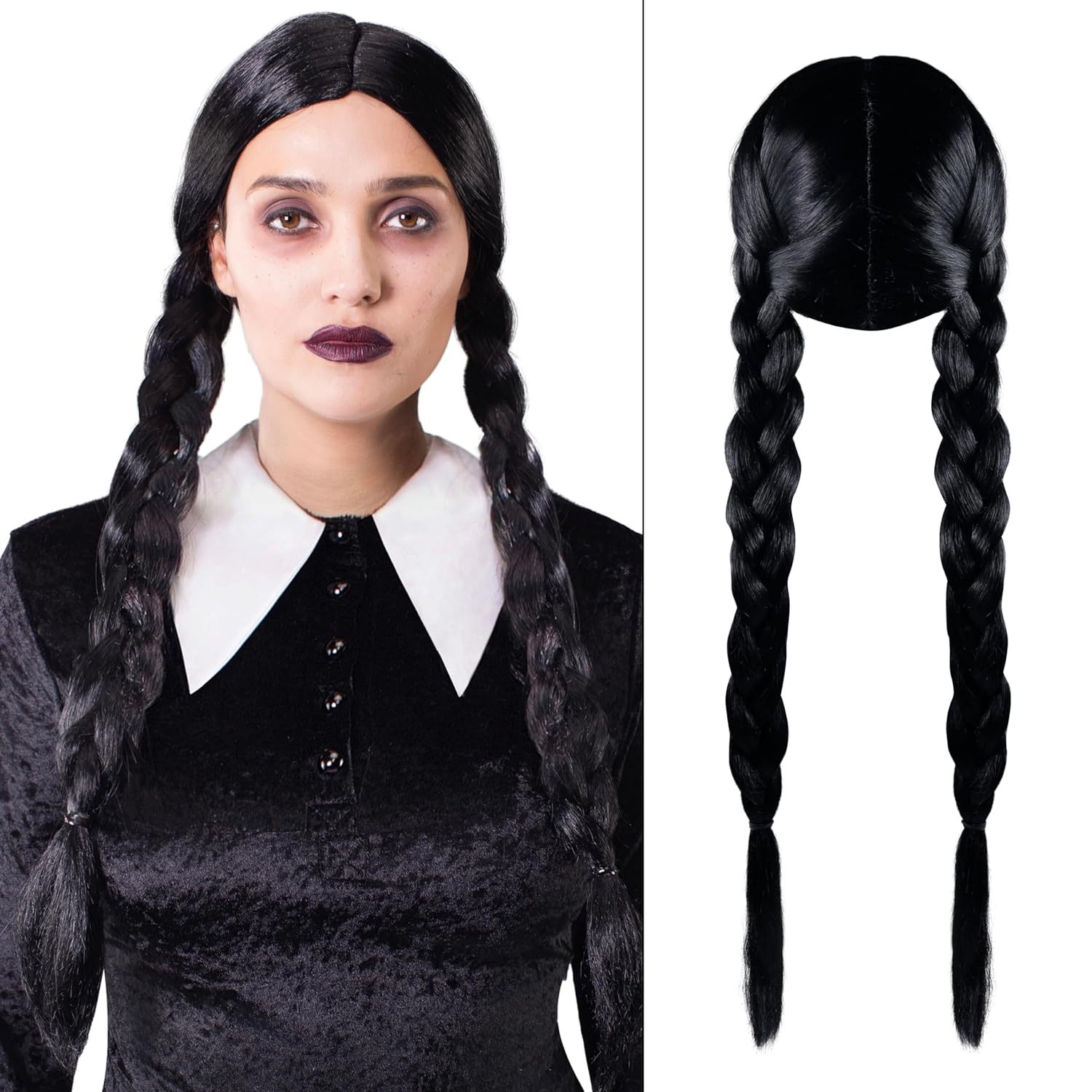 Adams madre Addams negro mediados de la longitud del pelo recto Halloween cos peluca anime