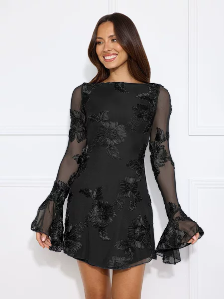 European and American Style Mesh See-Through Flared Sleeve Dress with 3D Floral Design, Boat Neck Slim Fit Sexy Party Dress