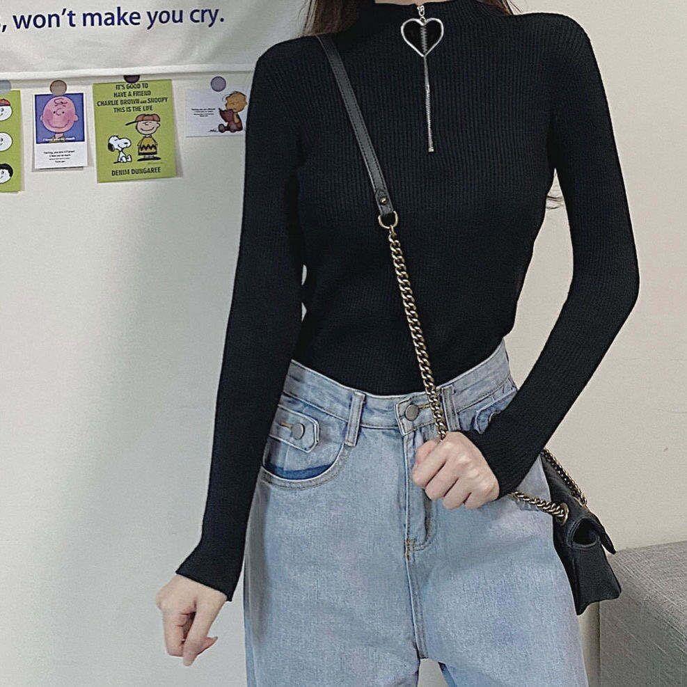 봄과 가을 새로운 2022 캐주얼 패션 슬림 슬림 슬림 지퍼 하프 하이 칼라 탑 솔리드 컬러 모든 매치 스웨터 도매
