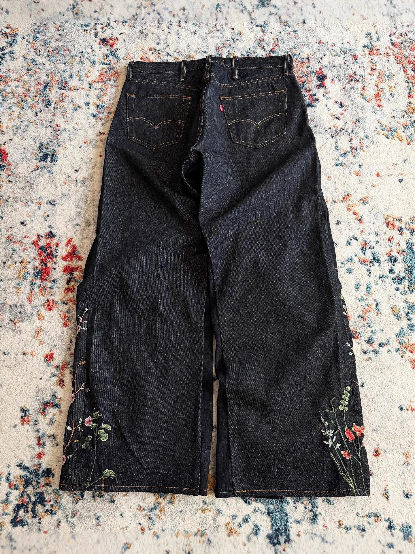 Pantalones largos holgados de estilo Y2K europeo y americano, con diseño de patchwork, bordado floral, para hombre y mujer, pantalones largos hasta el suelo, a la moda.