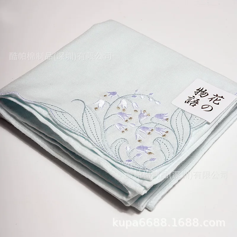 Носовой платок Lily of the Valley плоский с кружевом, двухслойная марля, утолщённый мягкий влагопоглощающий платок с вышивкой цветка в углу