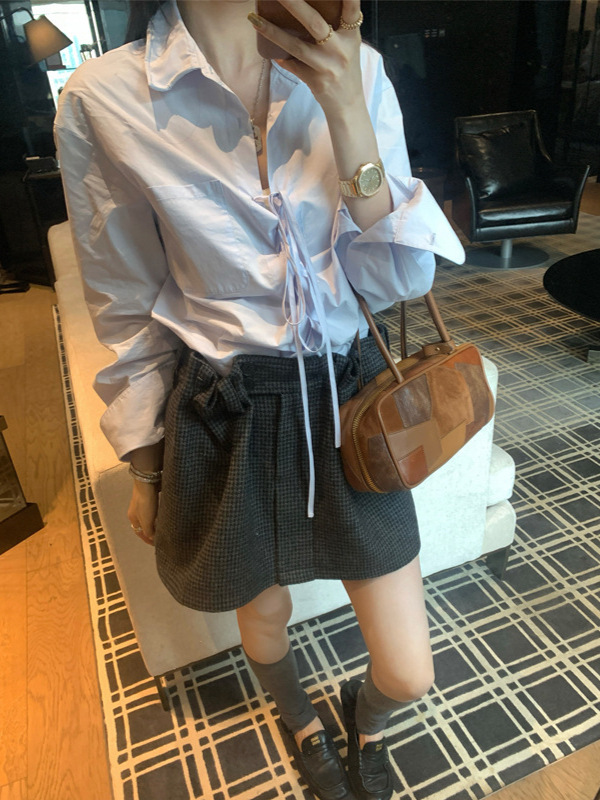 槿一翻领系带衬衫女秋季新款设计感小众复古衬衣宽松长袖上衣气质|undefined