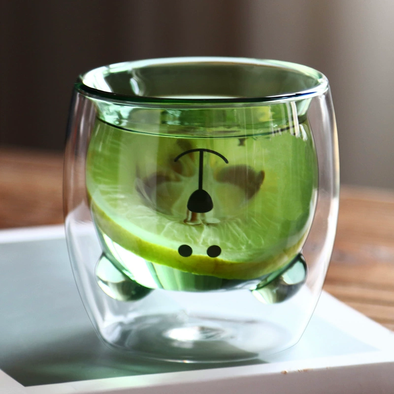 Double-wall Glass Cup (Little Bear) 250 ml — Cute Inner Bear, Insulated Colorful Home Mug
