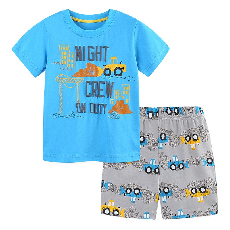 Traje de algodón tejido para niños de verano, ropa deportiva de dos piezas con cuello redondo y estampado de dibujos animados a la moda para niños