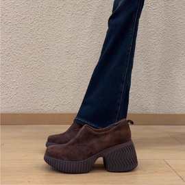 复古圆头一脚蹬厚底单鞋女小个子通勤真皮松紧带深口单鞋