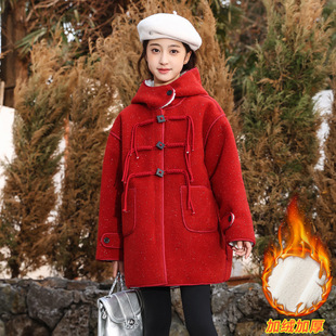 Girl's New Year Red Woolen Coat 2024 New Year's Eve Clothing Winter fleece-lined Woolen Hooded Coat Top