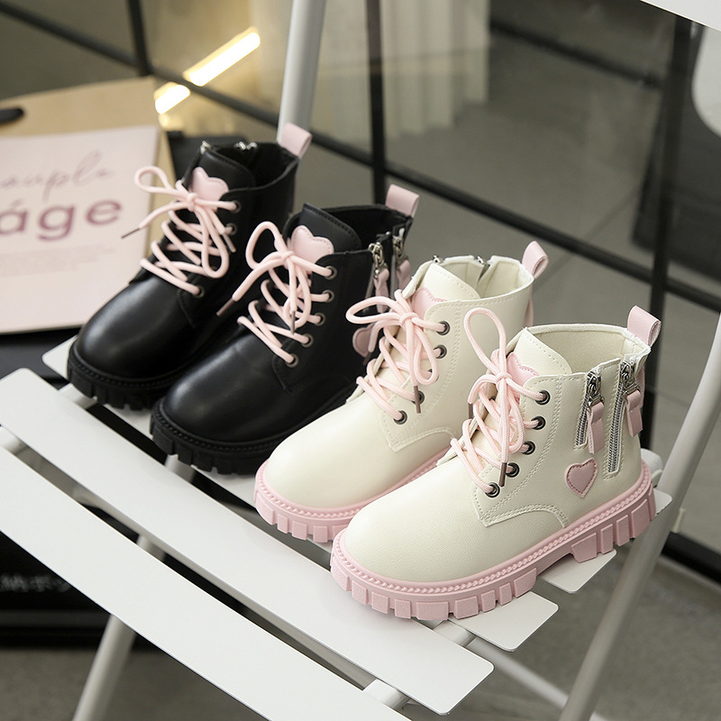 Girls' Side Zipper Boots Autumn and Winter New Kidsren's Boots Girls' Medium and Large Kidsren's Heart Princess Leather Boots Single Boots