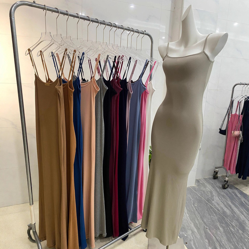 Cross-Border European and American Style Kim Kardashian In-Stock New Slip Dress 25 New Kardashian Limited Ribbed Stretch Long Dress