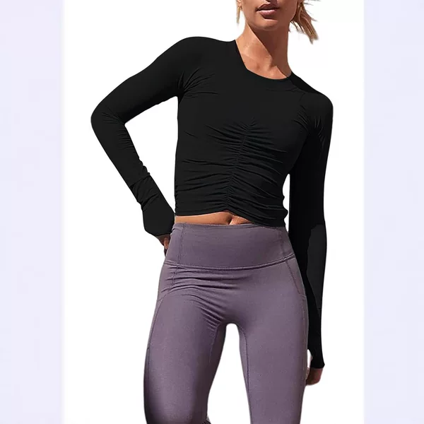 2025 Amazon Women's Ruffled Long Sleeve Workout Top Short Round Neck Yoga Sports Shirt Y2K Slim Fit