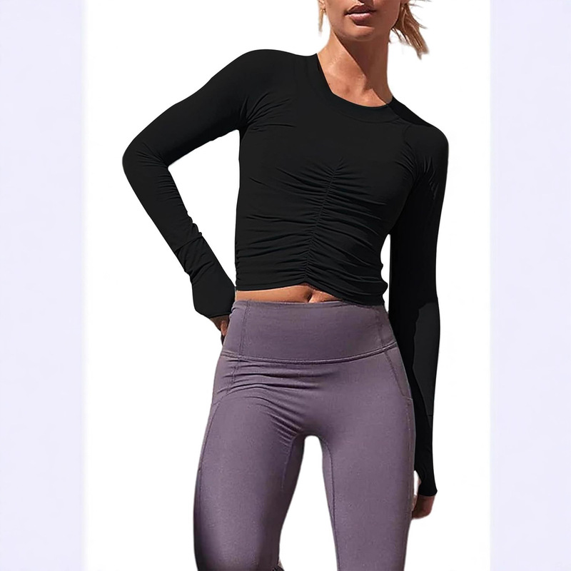 2025 Amazon Women's Ruffled Long Sleeve Workout Top Short Round Neck Yoga Sports Shirt Y2K Slim Fit 2025 Amazon Women's Ruffled Long Sleeve Workout Top Short Round Neck Yoga Sports Shirt Y2K Slim Fit