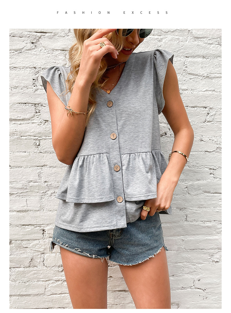 Solid Color Ruffled Gray V-neck Casual Short-sleeved T-shirt_voghion.com