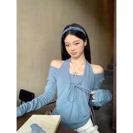 蓝色挂脖假两件上衣女秋季新款长袖系带蝴蝶结小个子百搭恤