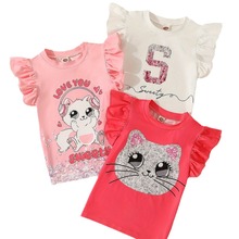 女童款“LOVE YOU SWEETY”英文字母猫咪亮片印花图案短袖T恤三件