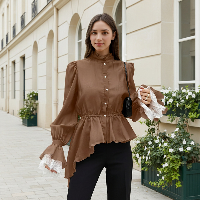 Gentle French-Style Long-Sleeved Puff-Sleeved Lace Patchwork Stand-Up Collar Waist-Cinching Irregular Hem Shirt for Women's Work Clothing Gentle French-Style Long-Sleeved Puff-Sleeved Lace Patchwork Stand-Up Collar Waist-Cinching Irregular Hem Shirt for Women's Work Clothing