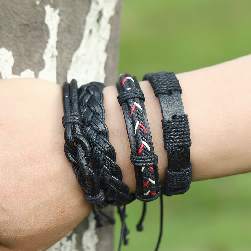 retro braided leather black bracelet 12-piece combination