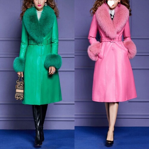 Hollywood Glamour Fox Fleece Collar Leather Jacket, Chic Celebrity Style faux fur trimmed coat, Goddess Washed Leather Cotton Warm Coat Trendy