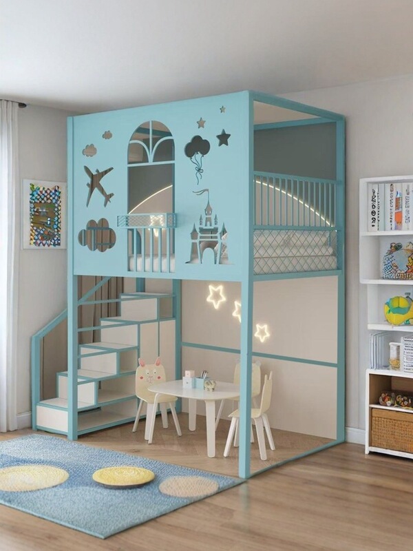 Wrought Iron Loft Bed with Single Upper Layer, Space-Saving Duplex for Attic Apartments, Healthy Thickened High and Low Iron Frame Bed