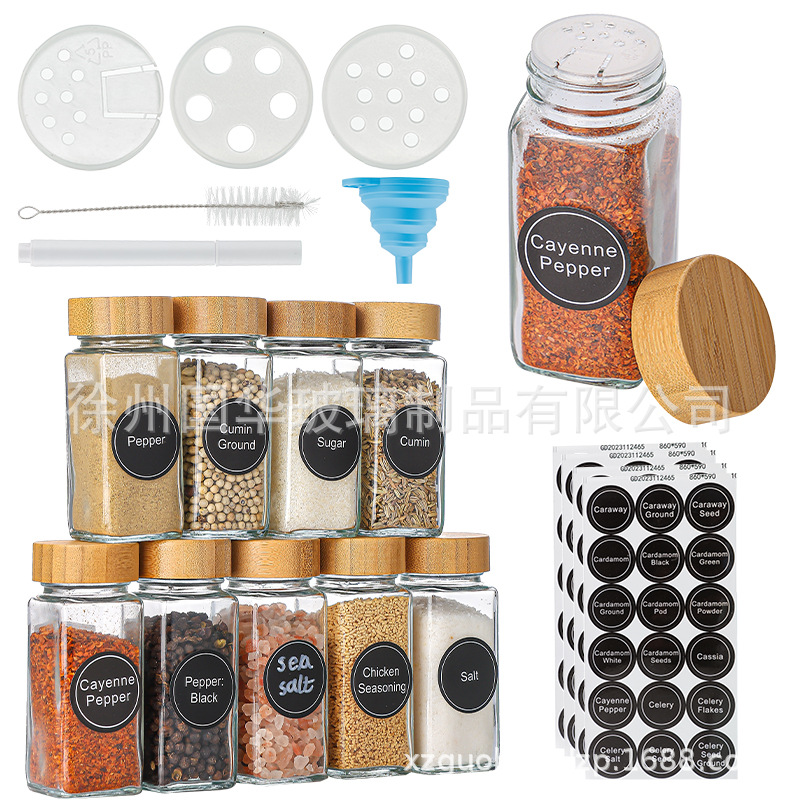 Botella de condimento cuadrada de 120ml de vidrio de cocina bambú Acacia 40oz condimento de vidrio con estante