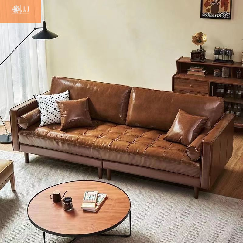 Middle Ancient Style Sofa for Small Apartment Living Room French Style Retro Simple Fashion Three-Seat caramel Oil Wax Leather Sofa