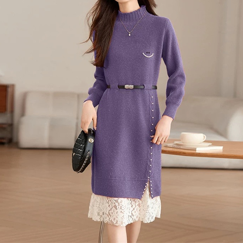 Abito in maglia elegante con pizzo e perline a maniche lunghe_voghion.com