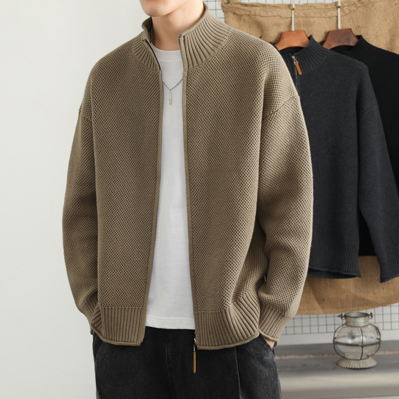 Knitted Cardigan Jacket Men's Spring and Autum Trendy Brand Large Size High-End Zipper Sweater Loose Casual Stand-Up Collar Jacket